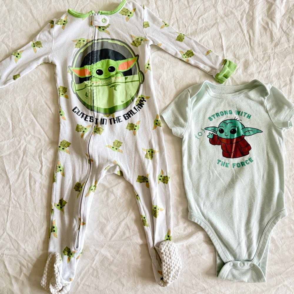 Baby Yoda Star Wars Zip Front Footie Pajamas and Bodysuit 24 Months Lot of 2